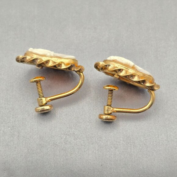 VTG AMCO 12k Gold Filled Shell Cameo Screw Back Earrings .75" 1960s - Picture 5 of 9